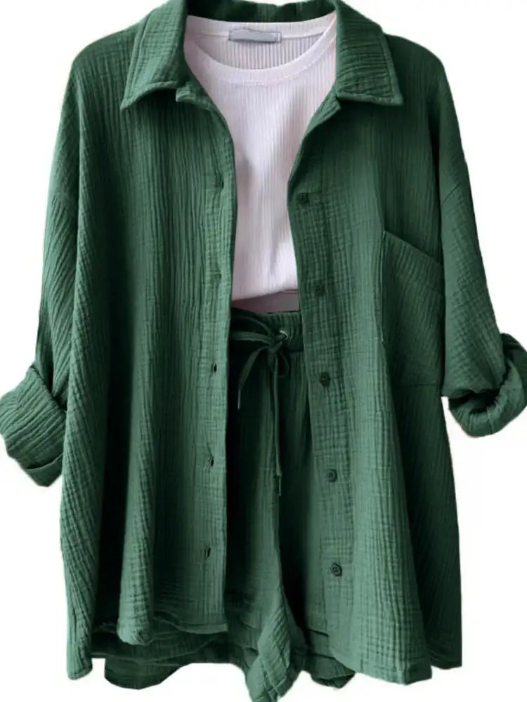 Textured Button Up Shirt and Shorts Set