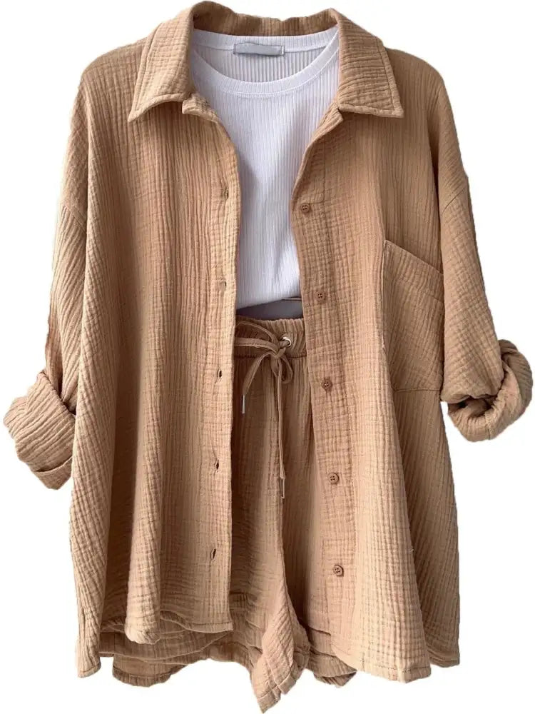 Textured Button Up Shirt and Shorts Set