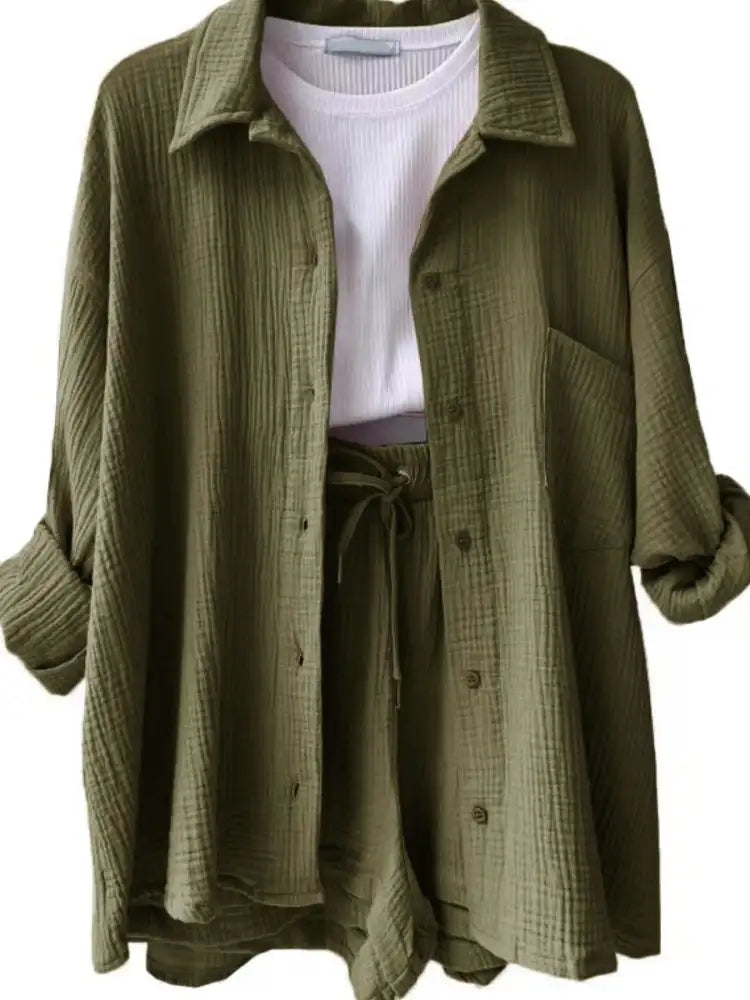 Textured Button Up Shirt and Shorts Set