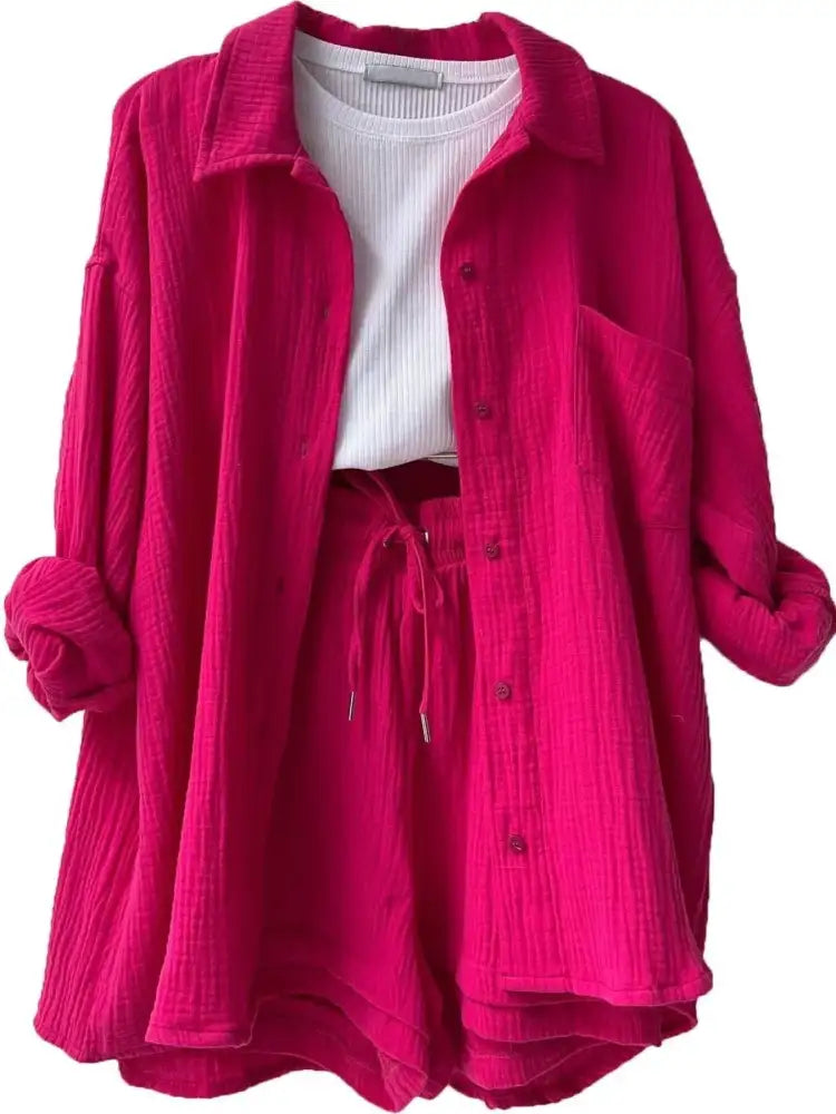 Textured Button Up Shirt and Shorts Set