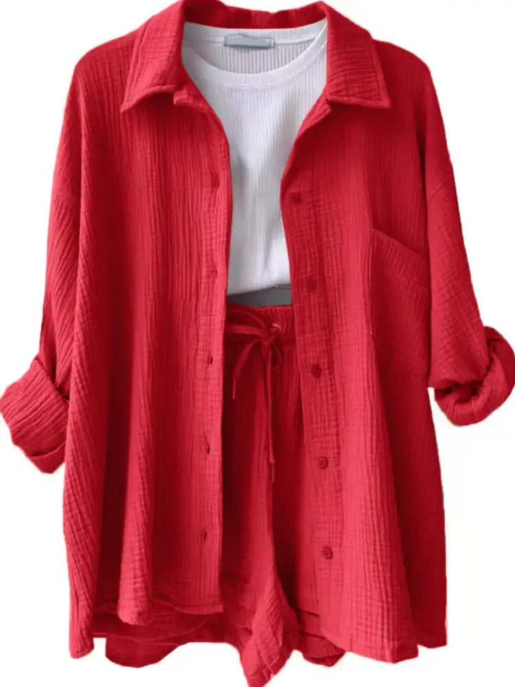 Textured Button Up Shirt and Shorts Set