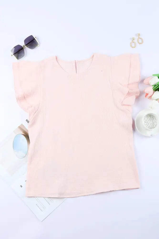 Textured Flutter Sleeve Keyhole Blouse