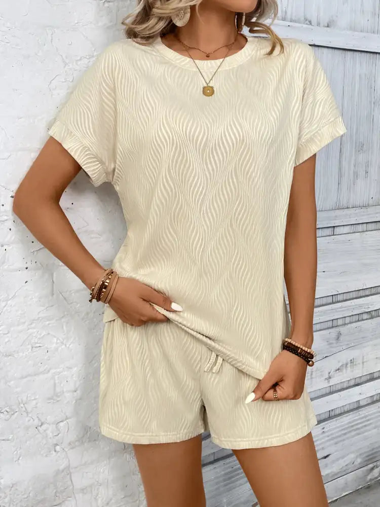 Textured Knit Round Neck Top and Shorts Set