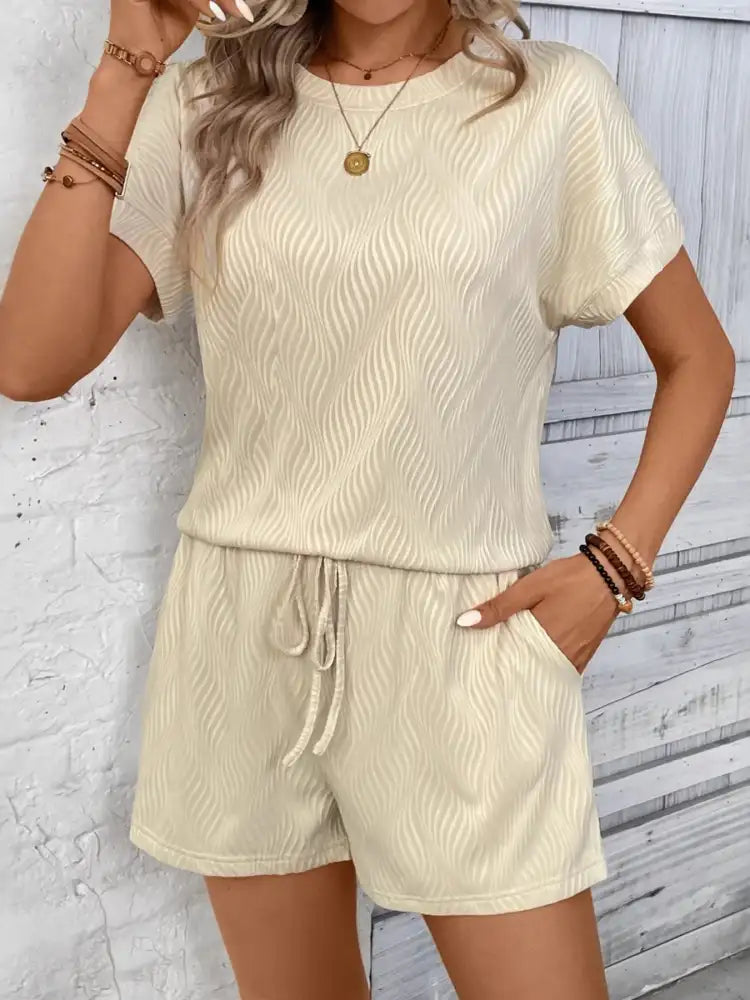 Textured Knit Round Neck Top and Shorts Set