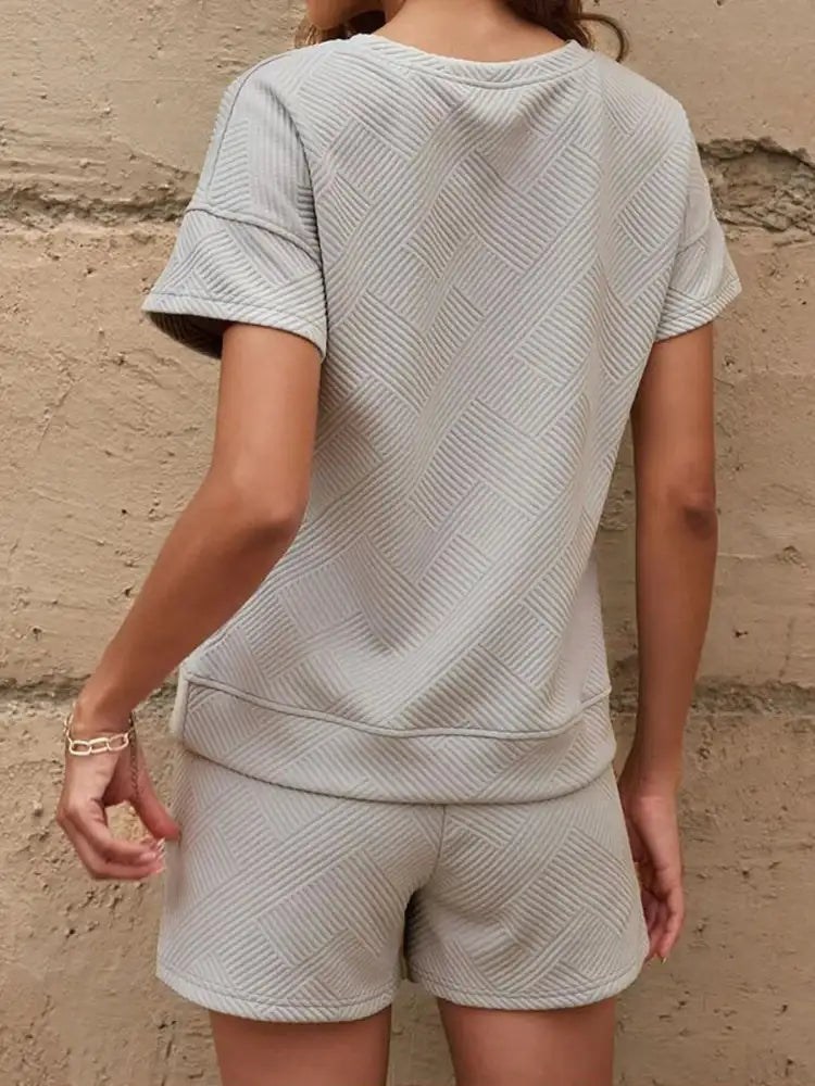 Textured Round Neck Top and Shorts Two-Piece Set