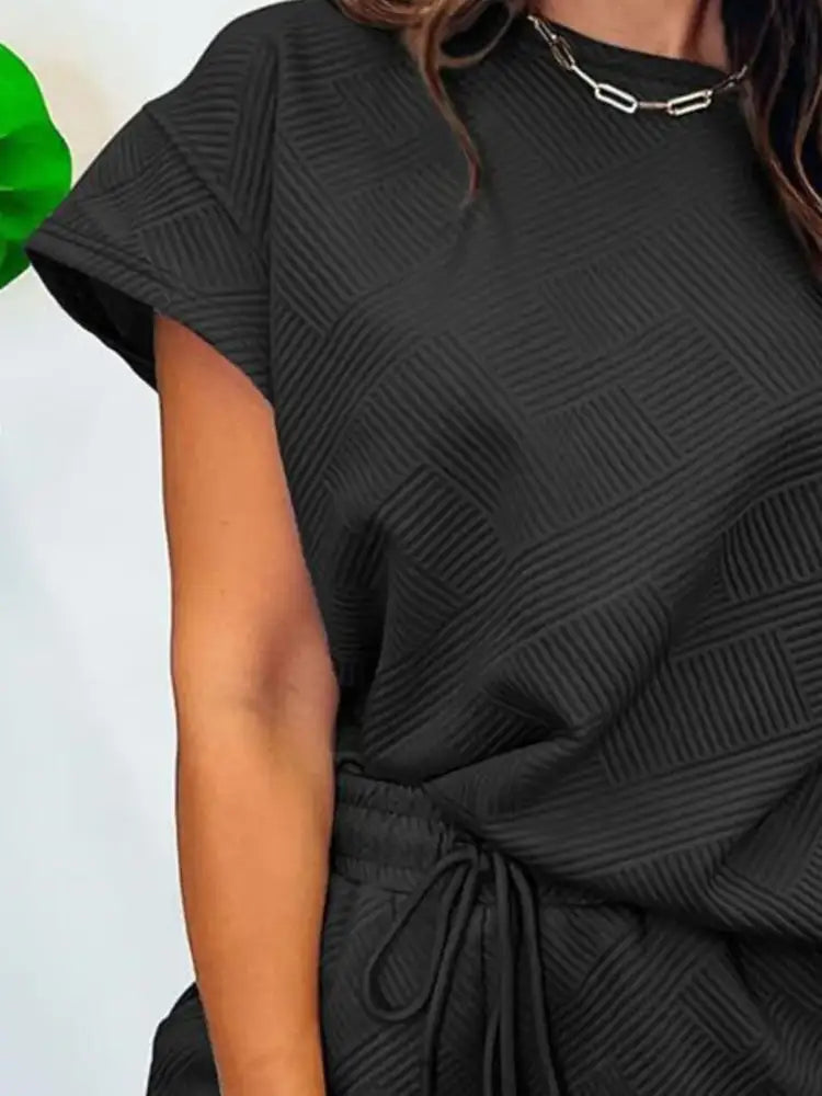 Textured Round Neck Top and Shorts Two-Piece Set