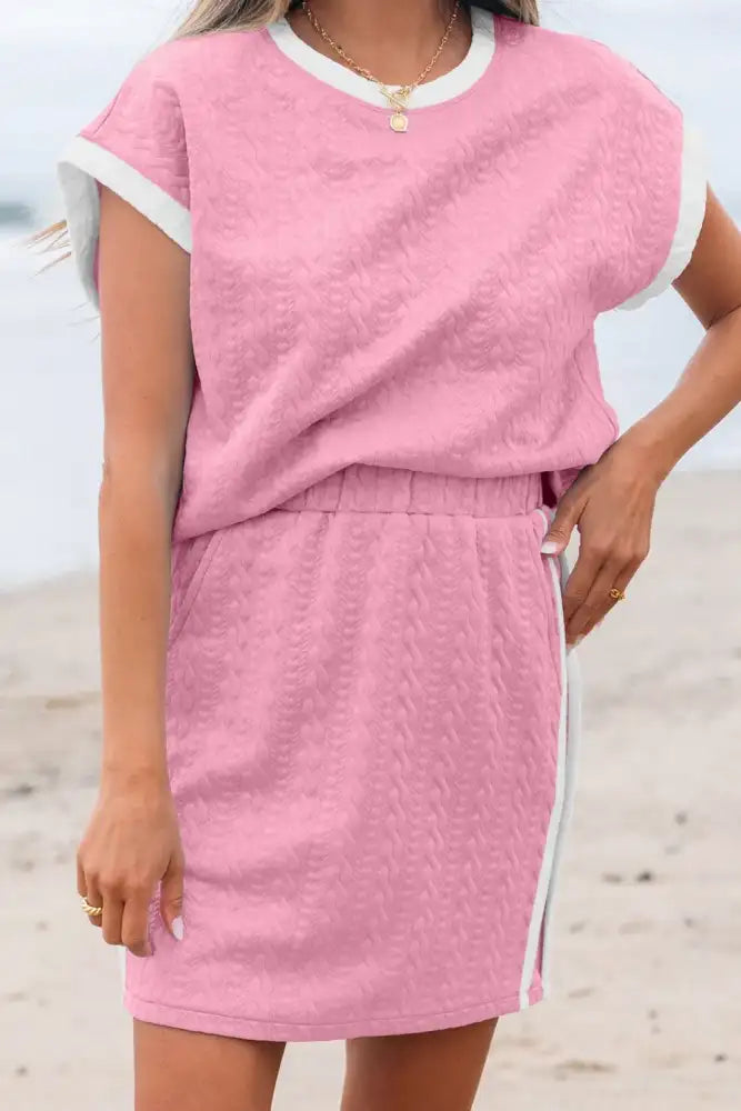 Textured Round Neck Top and Skirt Set