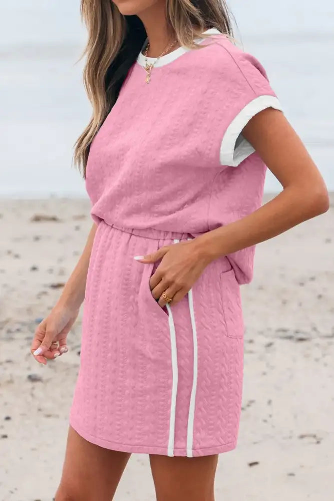 Textured Round Neck Top and Skirt Set