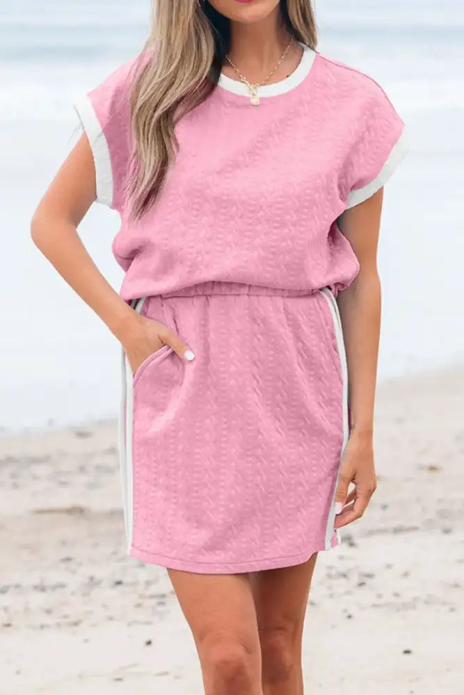 Textured Round Neck Top and Skirt Set