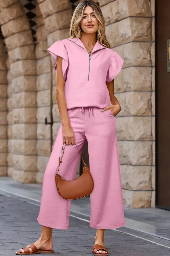 Textured Ruffled Sleeve Zipped Top and Wide Leg Pants Set