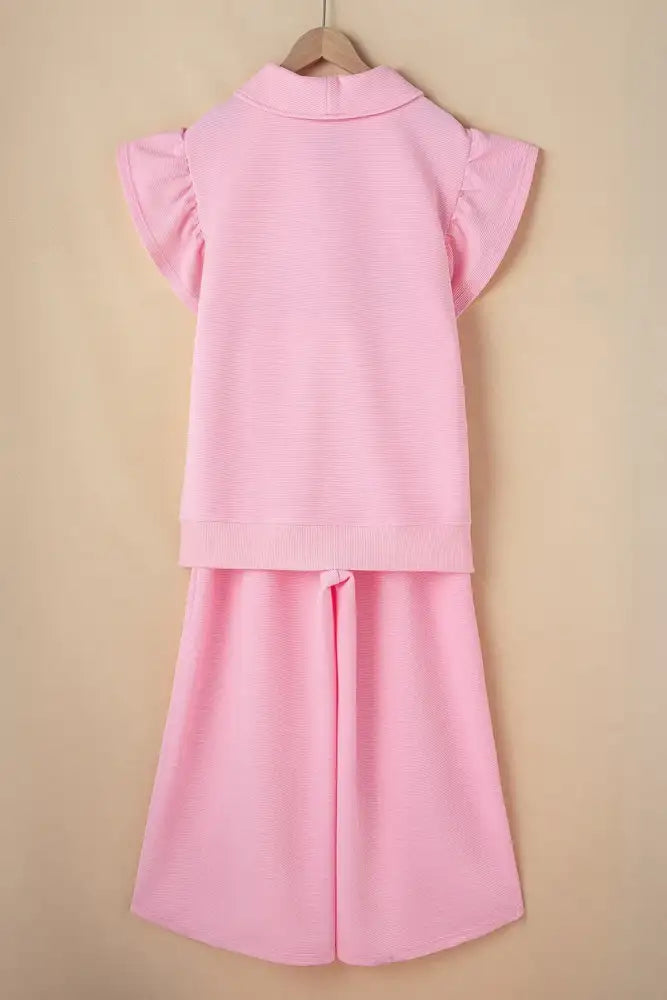 Textured Ruffled Sleeve Zipped Top and Wide Leg Pants Set