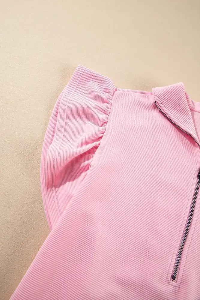 Textured Ruffled Sleeve Zipped Top and Wide Leg Pants Set