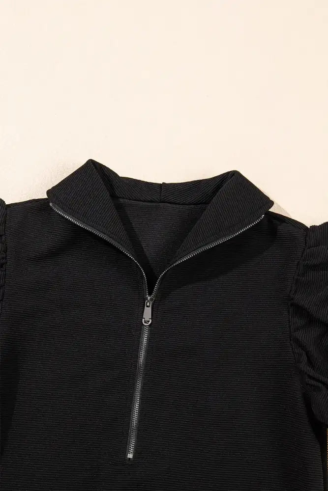 Textured Ruffled Sleeve Zipped Top and Wide Leg Pants Set