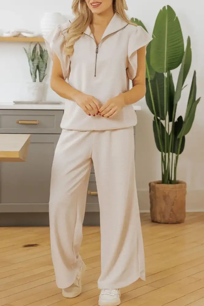 Textured Ruffled Sleeve Zipped Top and Wide Leg Pants Set