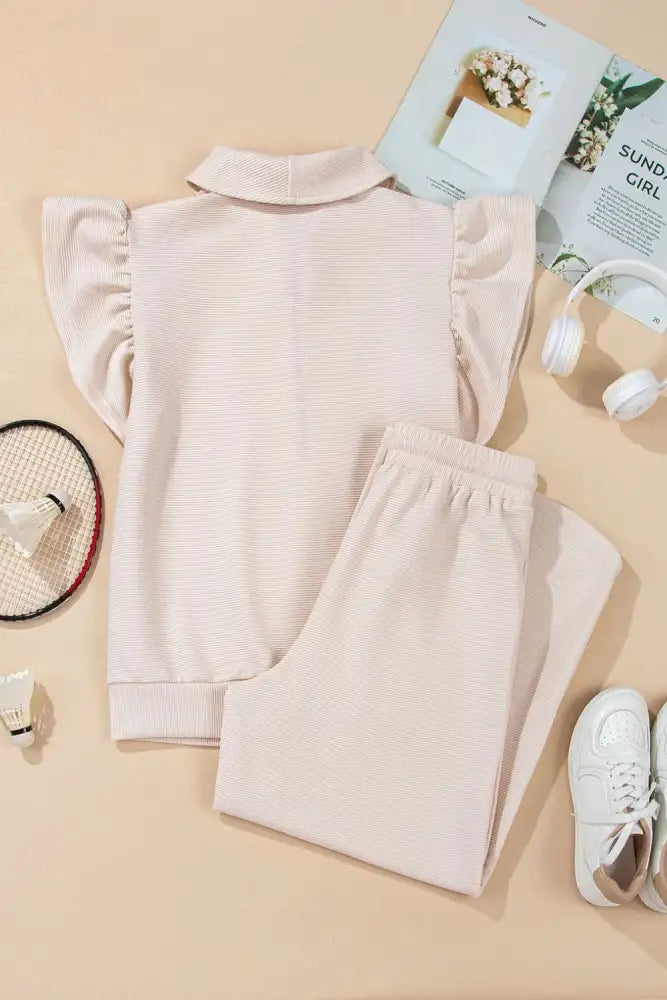 Textured Ruffled Sleeve Zipped Top and Wide Leg Pants Set