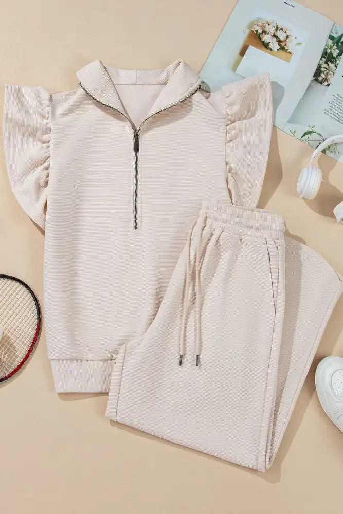 Textured Ruffled Sleeve Zipped Top and Wide Leg Pants Set