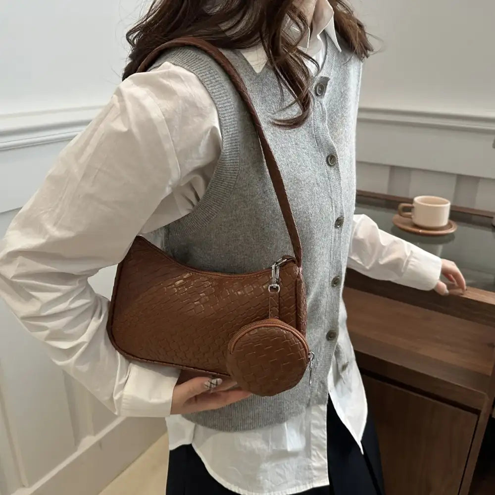Textured Shoulder Bag with Pouch