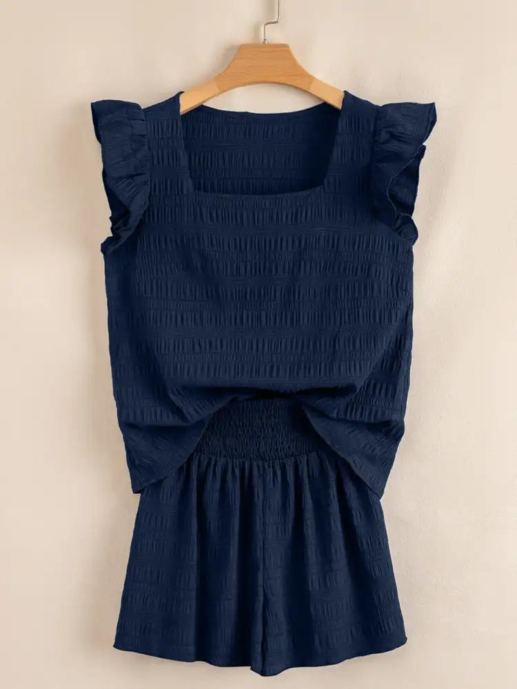 Textured Square Neck Top and Shirred High Waist Shorts Set