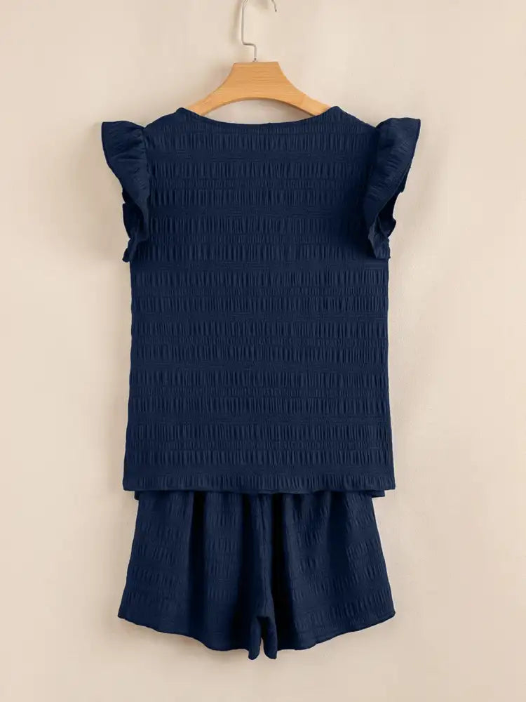 Textured Square Neck Top and Shirred High Waist Shorts Set