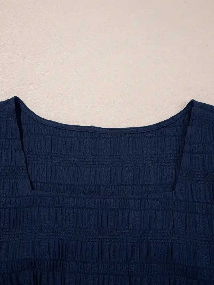 Textured Square Neck Top and Shirred High Waist Shorts Set