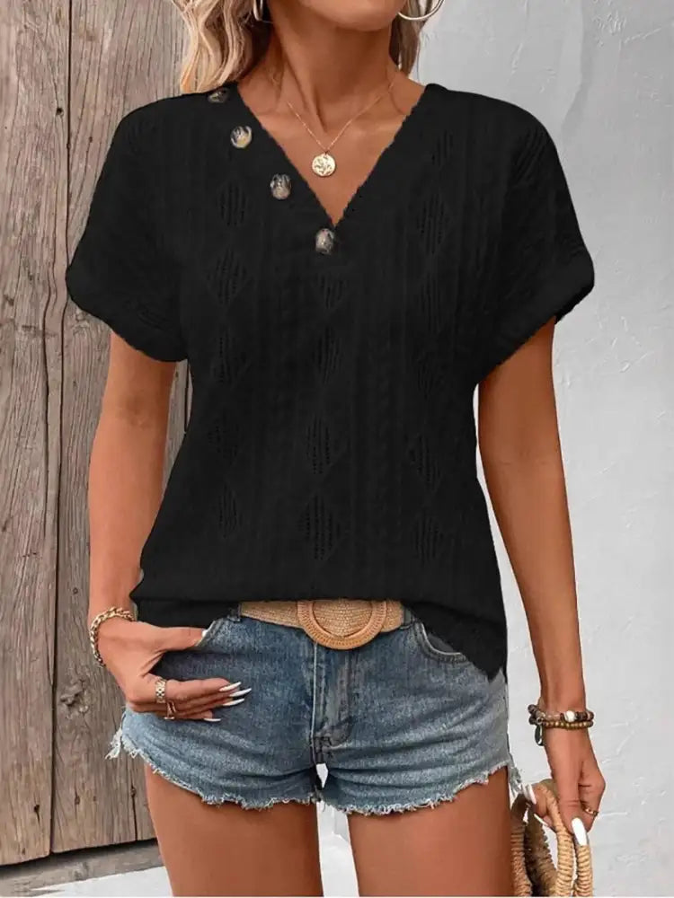 Textured V-Neck Short Sleeve Top