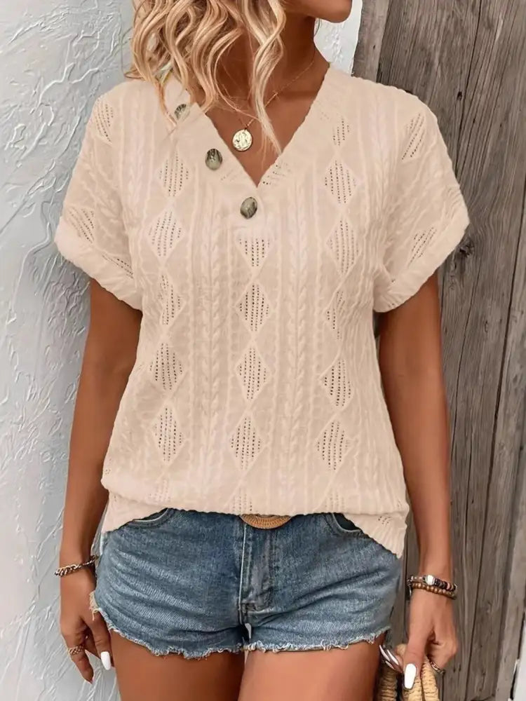 Textured V-Neck Short Sleeve Top