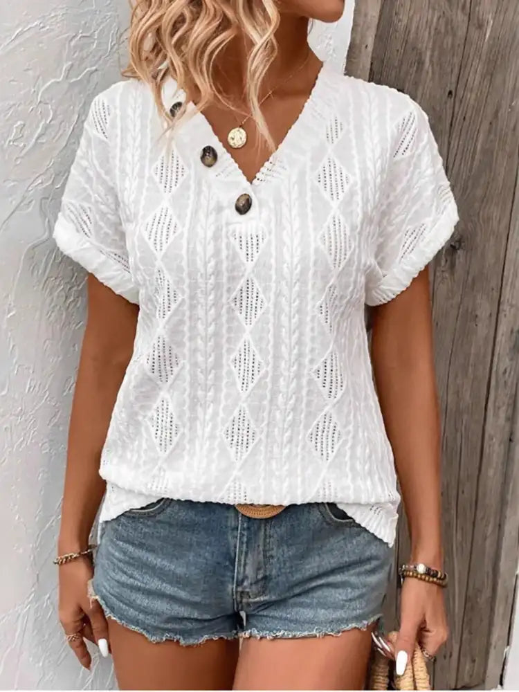 Textured V-Neck Short Sleeve Top