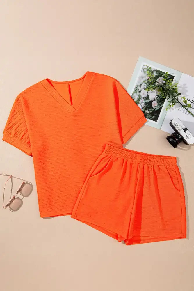 Textured V Neck T Shirt and Shorts Set