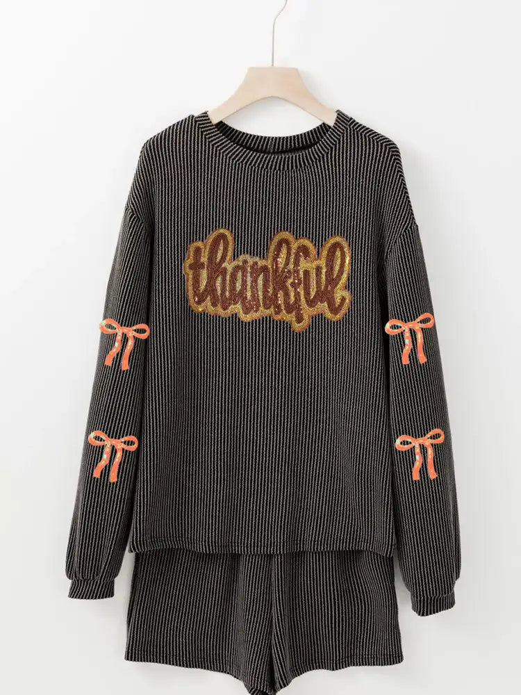 Thankful Letter Patched Sequin Bow Sleeve Twisted Ribbed Top and Short Set
