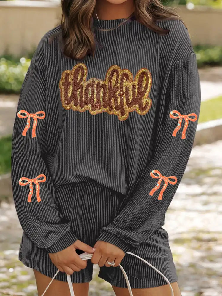 Thankful Letter Patched Sequin Bow Sleeve Twisted Ribbed Top and Short Set