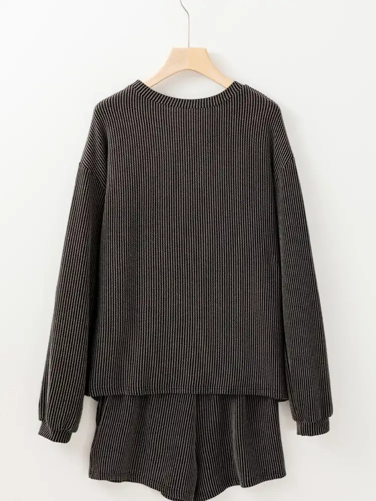 Thankful Letter Patched Sequin Bow Sleeve Twisted Ribbed Top and Short Set