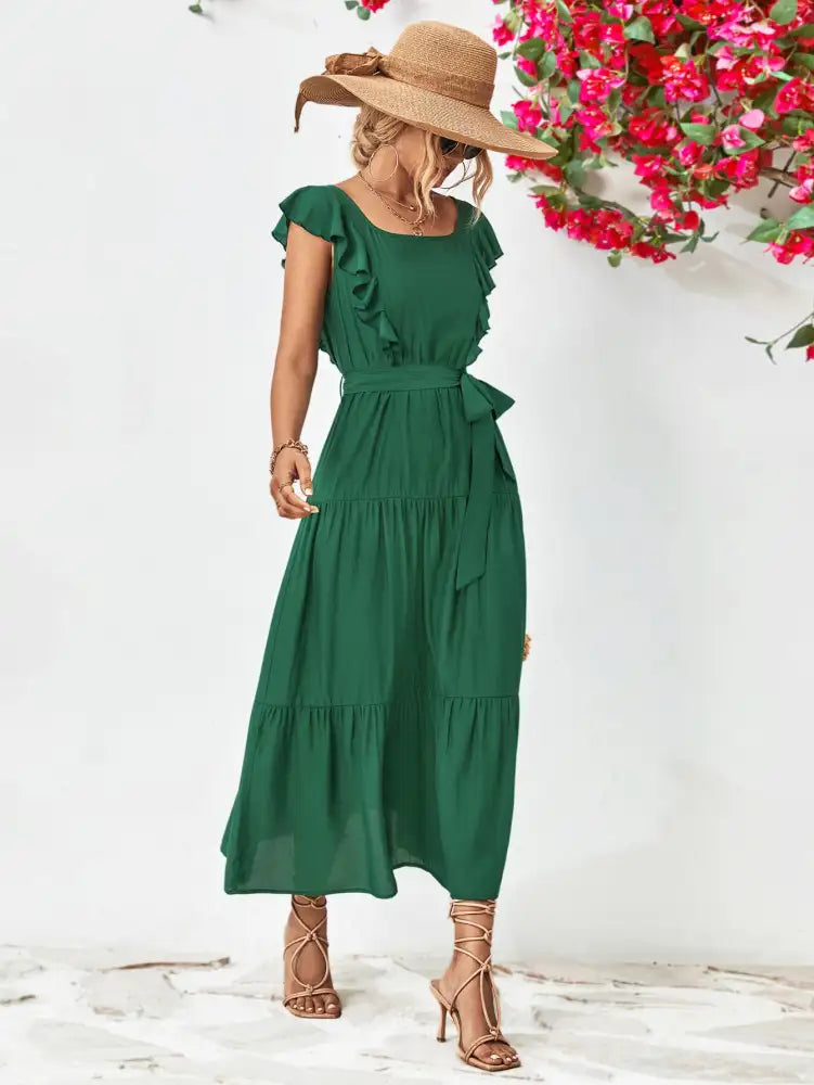 Tie Belt Ruffled Tiered Dress