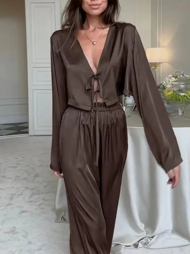 Tie-Front Crop Top and Pants Set