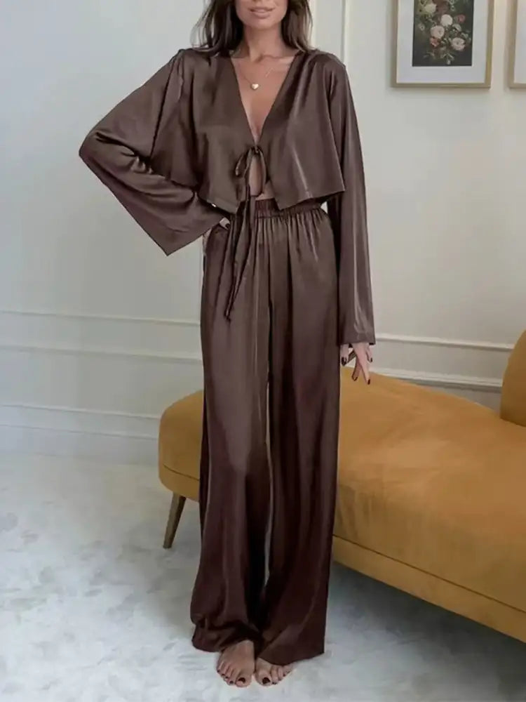 Tie-Front Crop Top and Pants Set