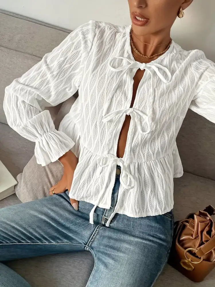 Tie Front Flounce Sleeve Blouse