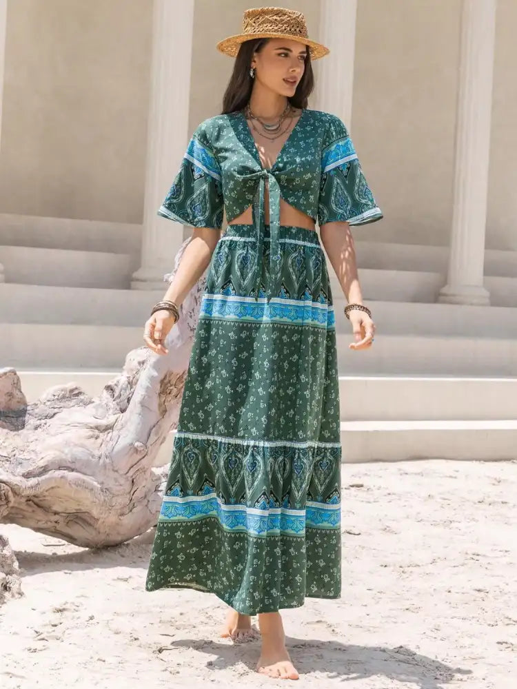 Tie Front Half Sleeve Top and Skirt Set