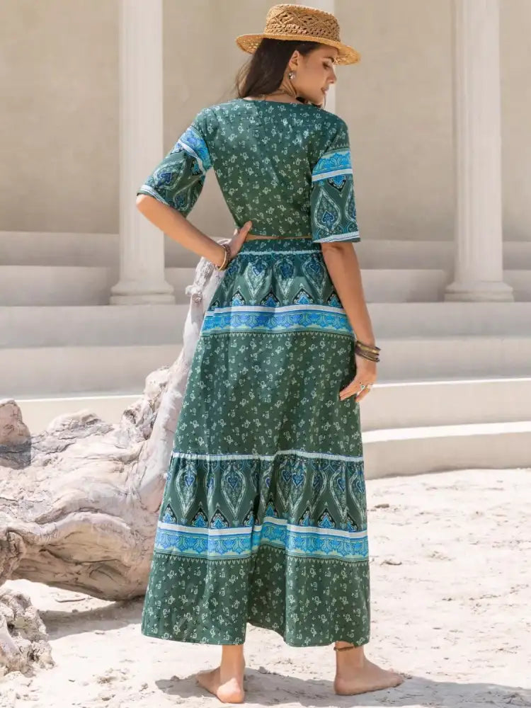 Tie Front Half Sleeve Top and Skirt Set