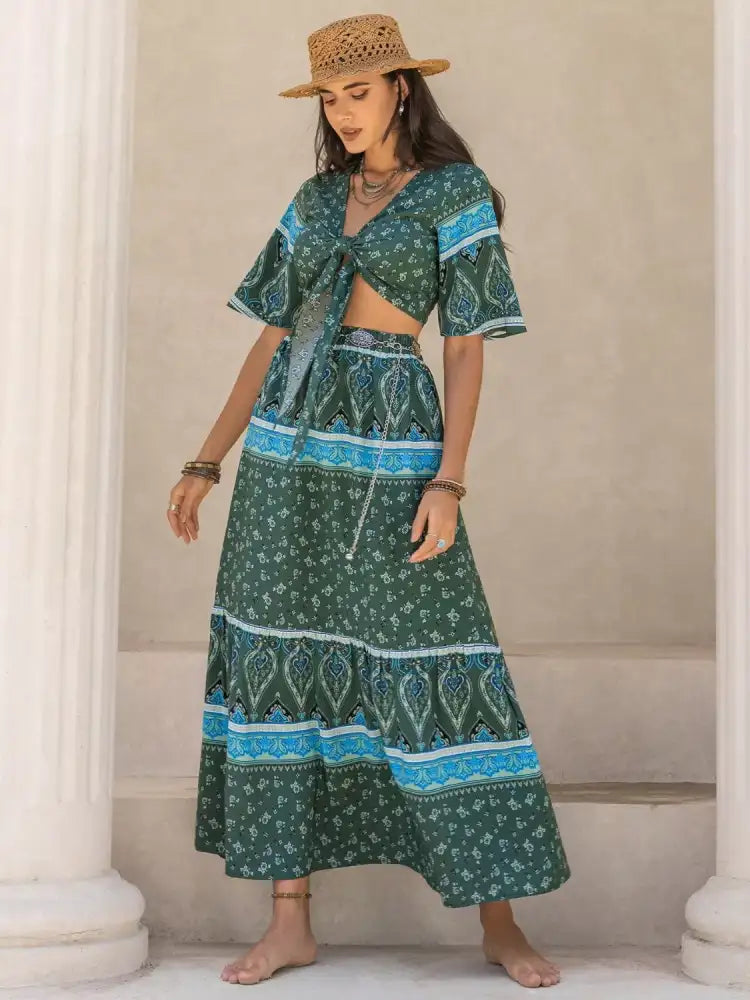 Tie Front Half Sleeve Top and Skirt Set