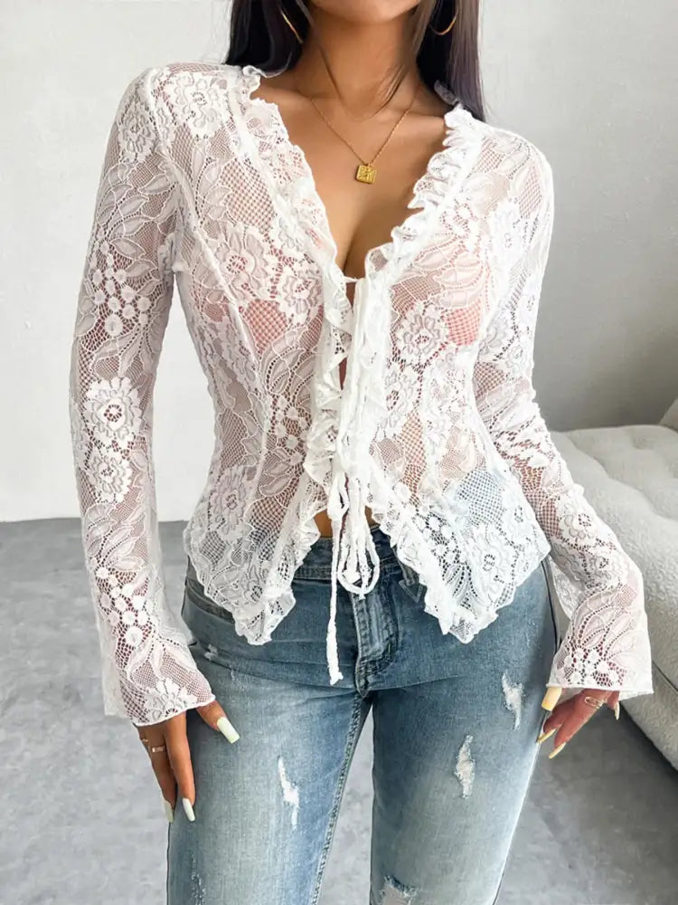Tie Front Long Sleeve Lace Top