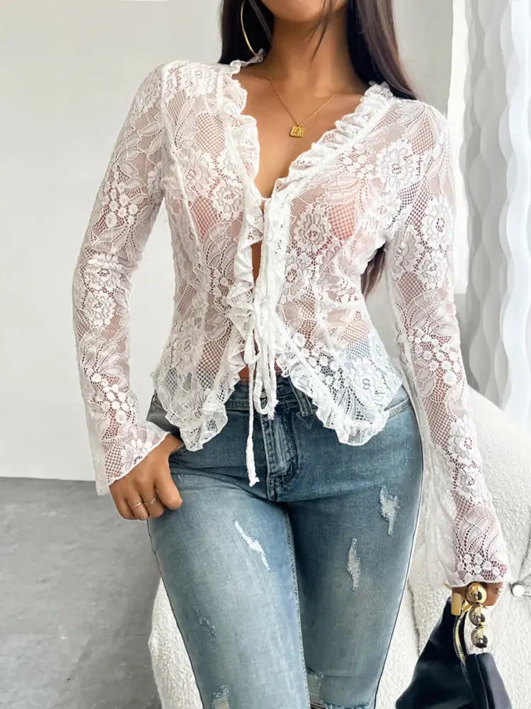 Tie Front Long Sleeve Lace Top