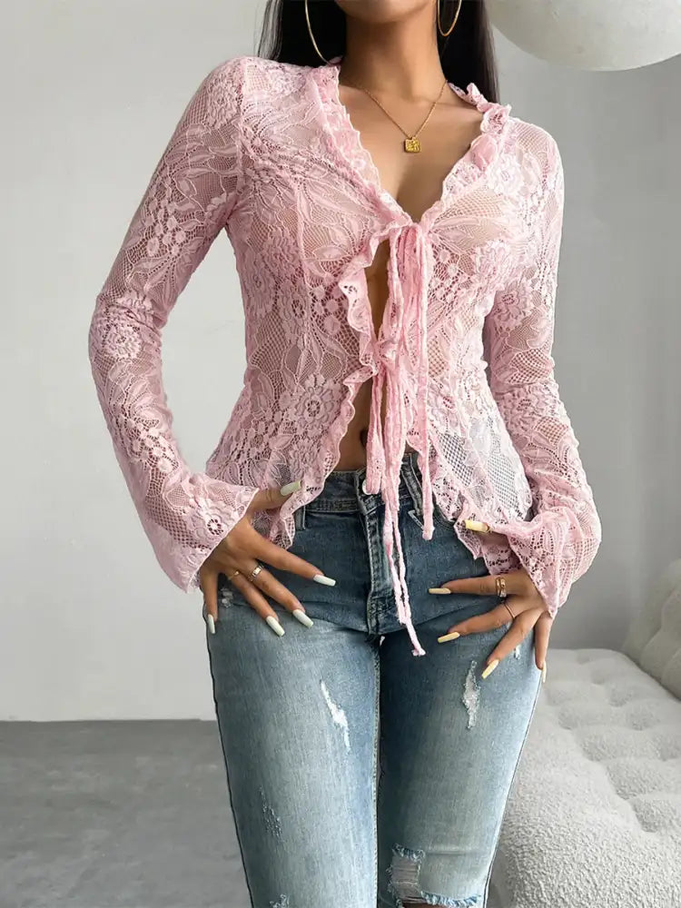 Tie Front Long Sleeve Lace Top