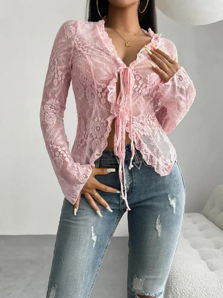 Tie Front Long Sleeve Lace Top