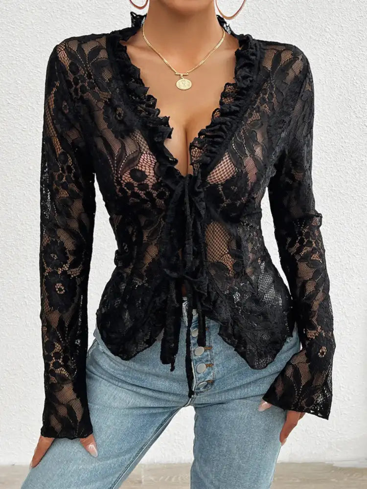 Tie Front Long Sleeve Lace Top