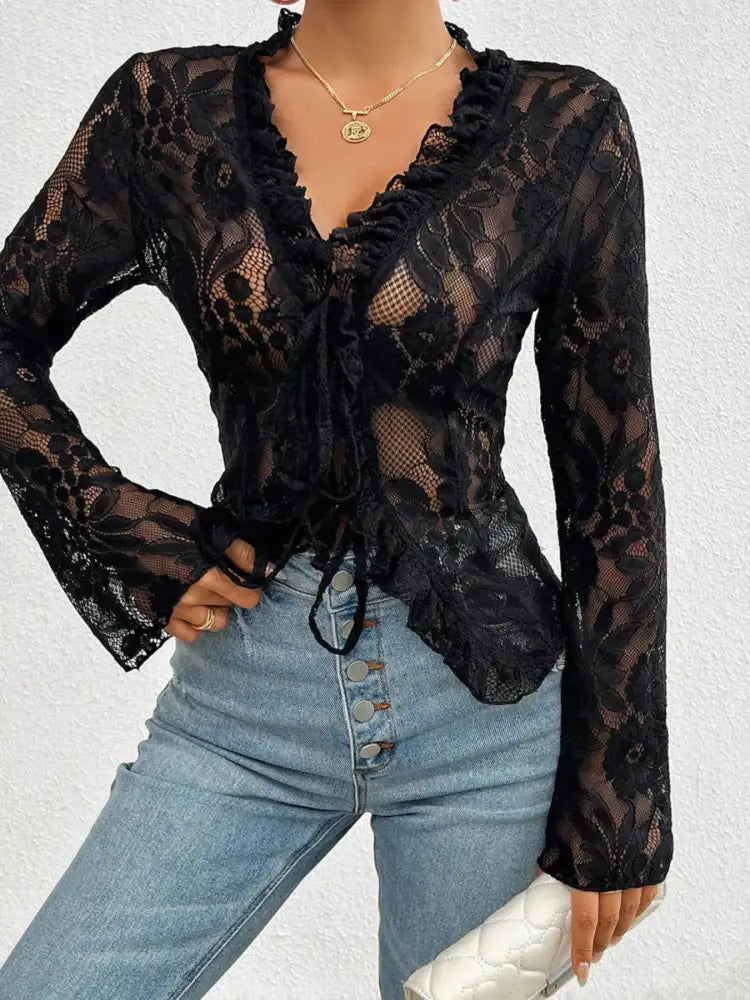 Tie Front Long Sleeve Lace Top