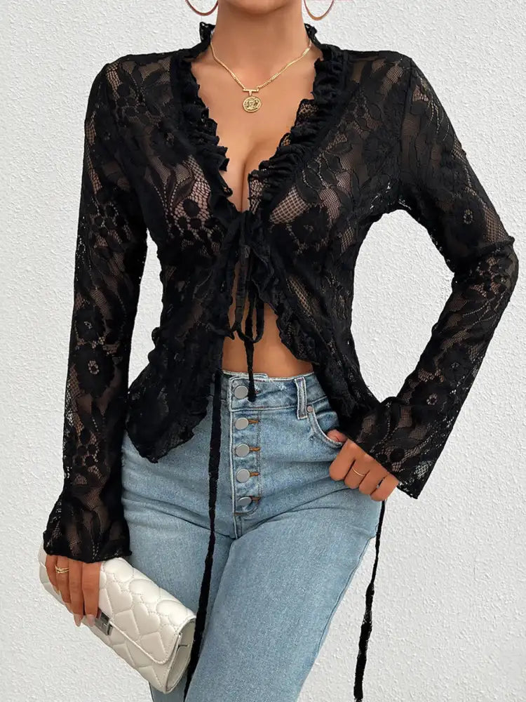 Tie Front Long Sleeve Lace Top