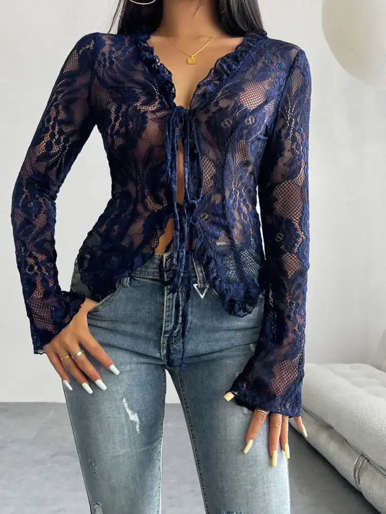 Tie Front Long Sleeve Lace Top