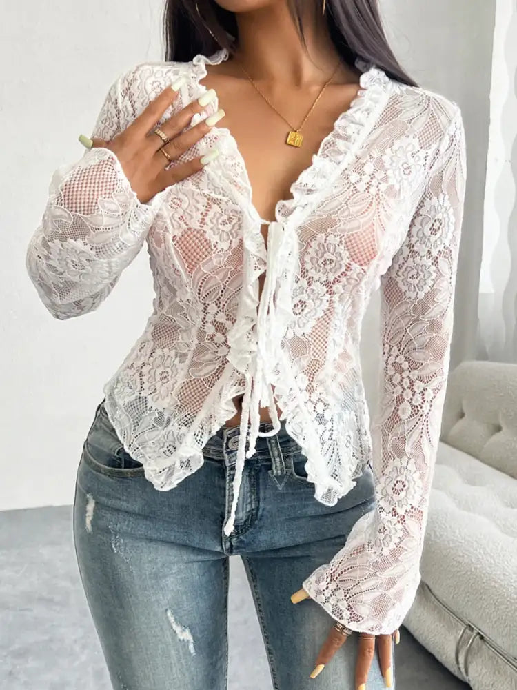 Tie Front Long Sleeve Lace Top