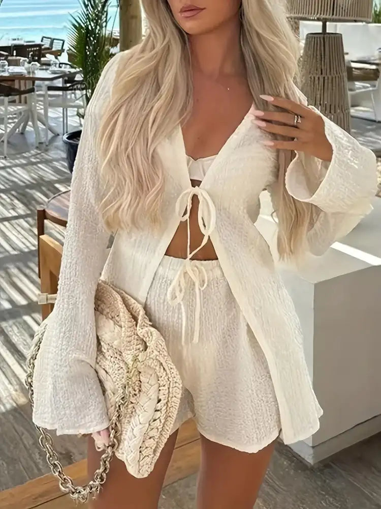 Tie Front Long Sleeve Top and Shorts Set