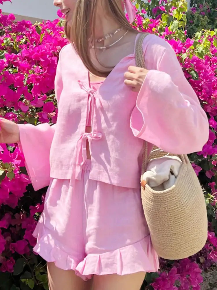 Tie Front Long Sleeve Top and Shorts Set