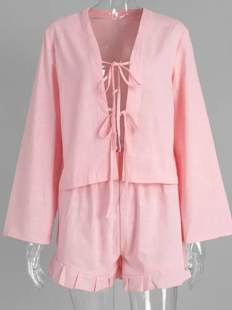Tie Front Long Sleeve Top and Shorts Set